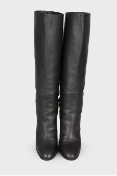 Black leather heeled boots