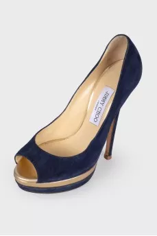 Blue suede high heel shoes