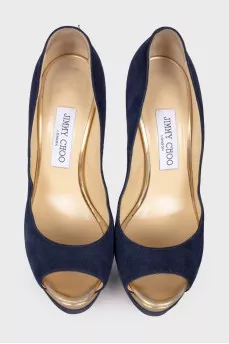 Blue suede high heel shoes