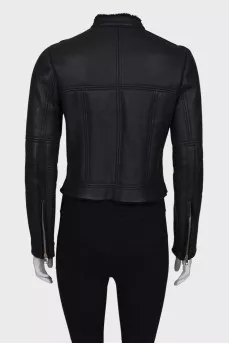 Black sheepskin coat made of genuine leather