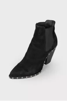 Suede ankle boots with metallic rhinestones
