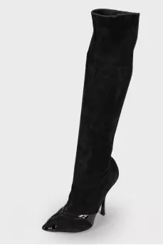 Suede over the knee boots with patent toe