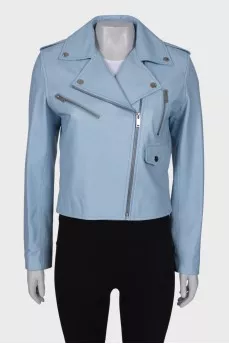 Blue leather jacket with tag