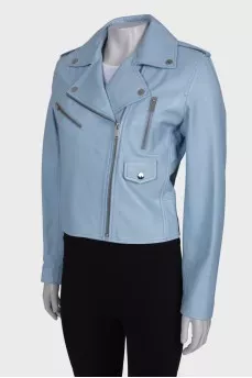 Blue leather jacket with tag