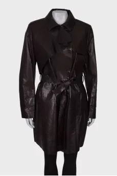 Dark brown leather trench coat