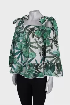 Blouse in green floral print