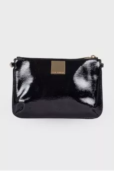 Lacquered black zip clutch