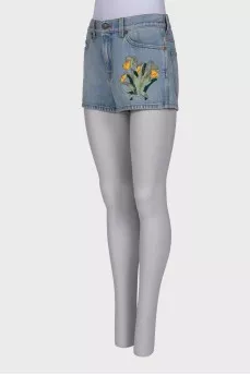 Embroidered denim shorts