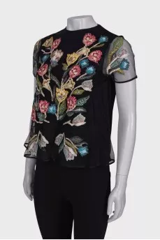 Black T-shirt with floral embroidery