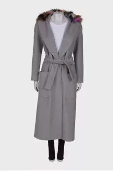 Wool coat with multicolor fur