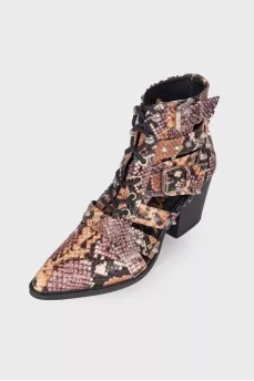 Embossed leather ankle boots with rhinestones