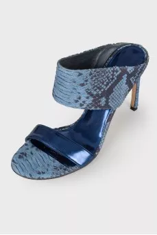 Blue snakeskin embossed sandals