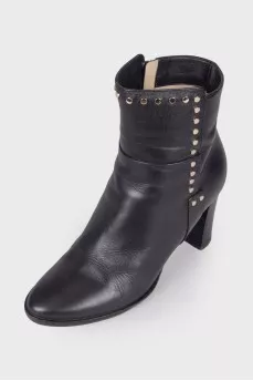 Leather booties with metallic rhinestones
