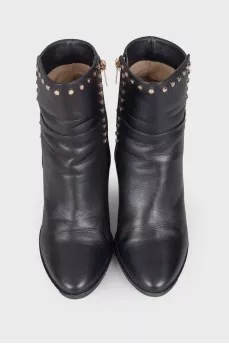 Leather booties with metallic rhinestones