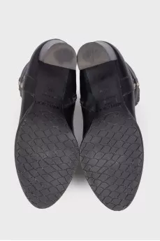 Leather booties with metallic rhinestones