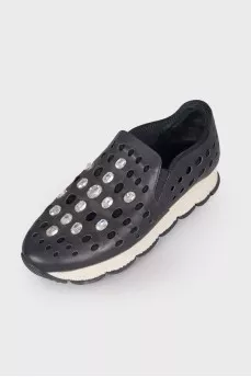 Black sneakers with perforations and rhinestones