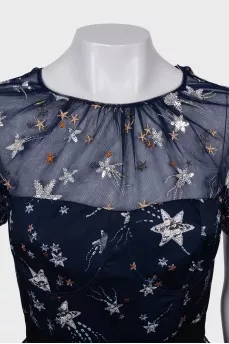 Dress decorated with rhinestones and embroidery