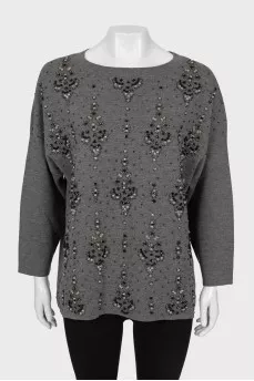 Wool sweater with beaded embroidery