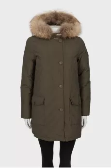 Green parka with raccoon fur