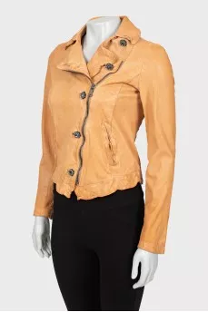 Leather jacket with decorated buttons