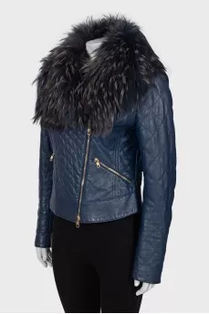 Blue leather jacket with fur