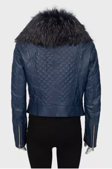 Blue leather jacket with fur