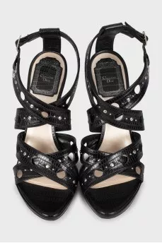 Black sandals with embossed leather