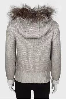 Silver cardigan with fur hood