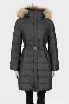 Gray down jacket with fur on the hood