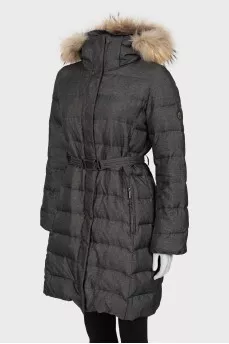Gray down jacket with fur on the hood