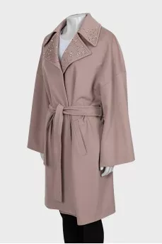 Wool coat with embellished lapels
