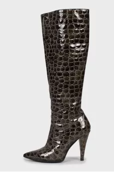Embossed dark green leather boots
