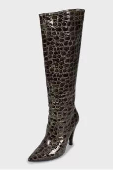Embossed dark green leather boots