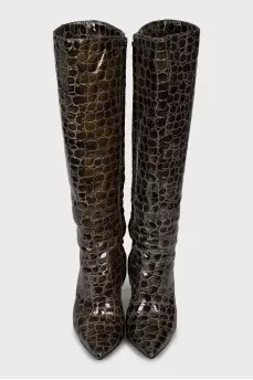 Embossed dark green leather boots