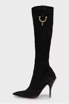 Suede boots with embellished heel