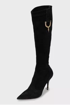 Suede boots with embellished heel