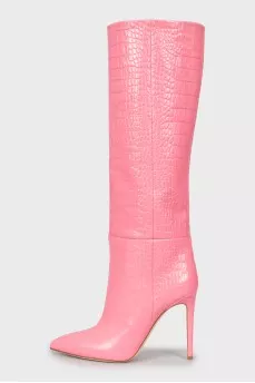Pink leather boots with embossing