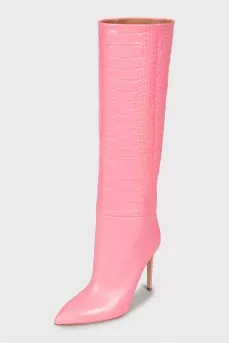 Pink leather boots with embossing