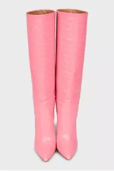 Pink leather boots with embossing