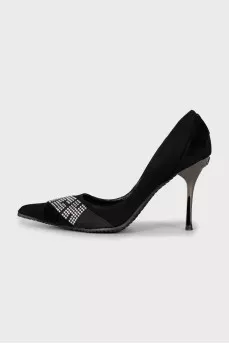 Suede shoes with rhinestone logo