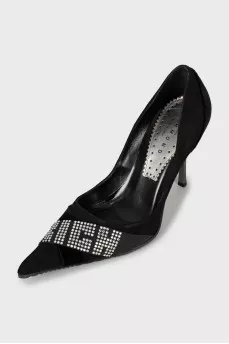 Suede shoes with rhinestone logo