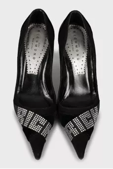 Suede shoes with rhinestone logo
