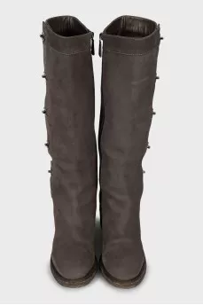 Suede boots with metal logos