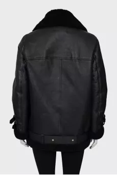 Black sheepskin coat made of leather and fur