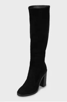 Black suede high heel boots