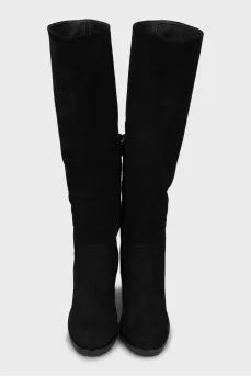 Black suede high heel boots