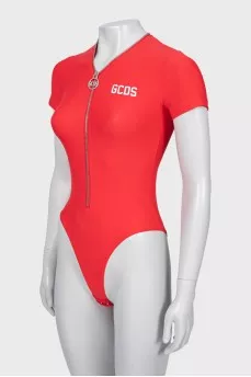 Red bodysuit with zipper and tag