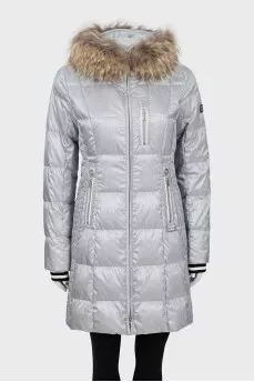 Gray down jacket with fur on the hood