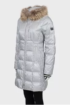 Gray down jacket with fur on the hood