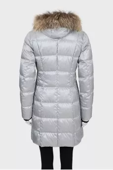 Gray down jacket with fur on the hood